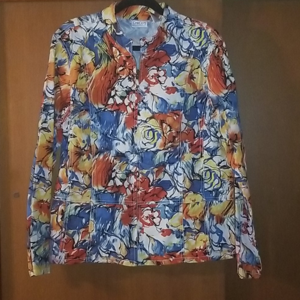 Chico's Multicolor Floral Quilted Jacket - Blue, Orange, Yellow, Red